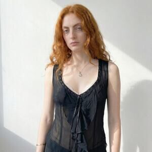 Vintage euro Black Sheer Silk-Feel Ruffle Blouse with Side Zip (S/M)
